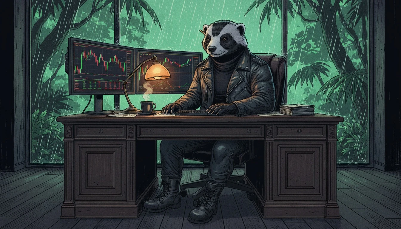 Honey badger seated at desk with spread cost breakdown on trading monitor in jungle office