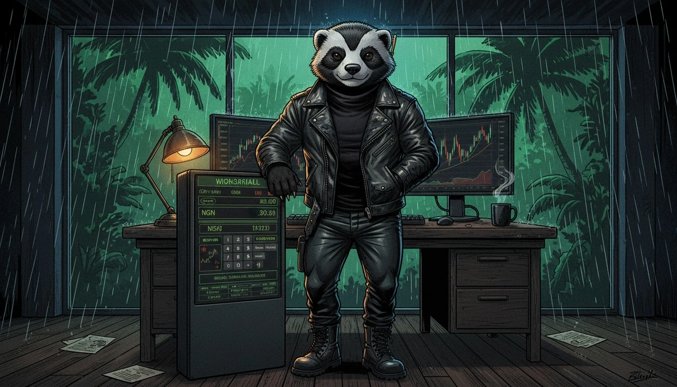 Honey badger standing beside withdrawal screen showing naira conversion in dark jungle office